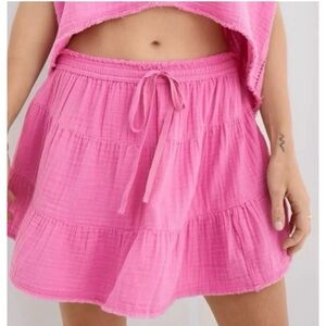Aerie Pink Crinkle Cotton Tiered Drawstring Mini Skirt XS